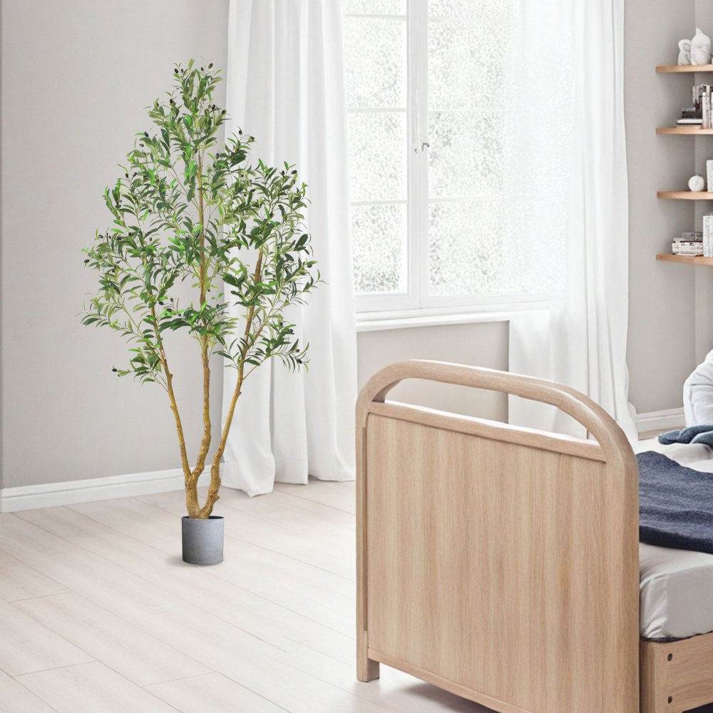 VEVOR 210 cm kunstig oliventre med svart potte, høyt kunstig tre med naturlig trestamme og realistiske grønne blader og frukter, innendørs kunstig plante for hjem, kontor, stue, hjørnedekor