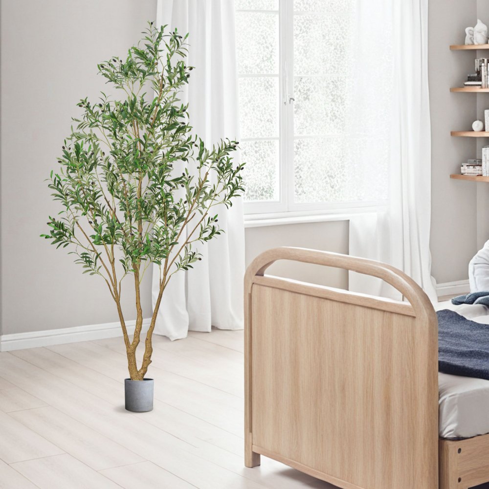 VEVOR 240 cm kunstig oliventre med svart potte, høyt kunstig tre med naturlig trestamme og realistiske grønne blader og frukter, innendørs kunstig plante for hjem, kontor, stue, hjørnedekor