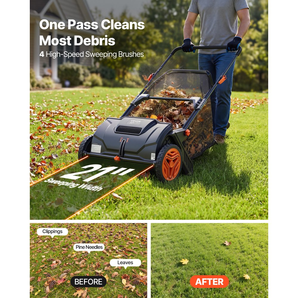 VEVOR Push Lawn Sweeper, 21inch Leaf & Grass Collector, Strong Plastic Wheels & Heavy Duty Thickened Steel Durable to Use with Large Capacity 3.5 cu. ft. Mesh Collection Hopper Bag, 2 Spinning Brushes