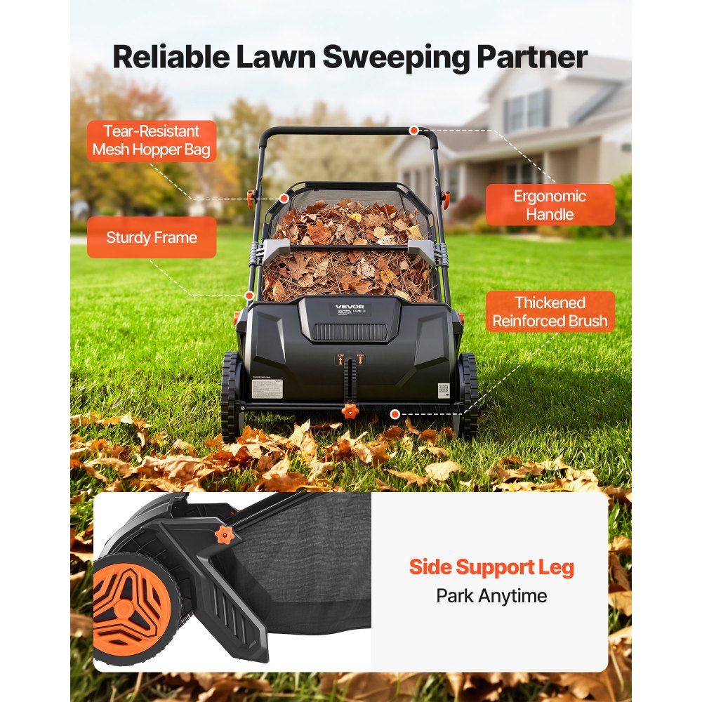 VEVOR Push Lawn Sweeper, 21inch Leaf & Grass Collector, Strong Plastic Wheels & Heavy Duty Thickened Steel Durable to Use with Large Capacity 3.5 cu. ft. Mesh Collection Hopper Bag, 2 Spinning Brushes