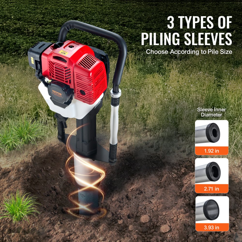 VEVOR 52cc bensindrevet T-stolpedriver, 2-taktsmotor bensindrevet gjerdepælemaskin, 1400W bærbar pæledriver med 3-stolpe drivhode (49/69/100 mm), for gårdsgjerder, ranchgjerder, veiforbedringer