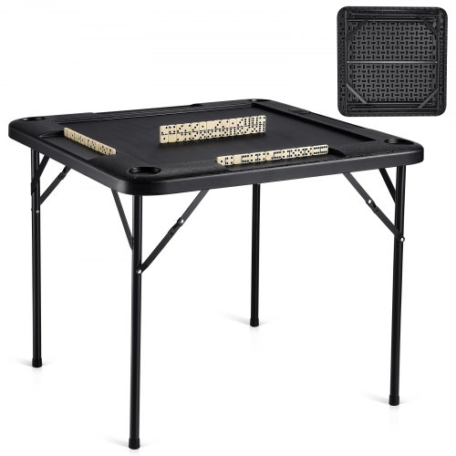 VEVOR Mahjong-bord, firkantet sammenleggbart kortbord for 4 spillere med 4 koppholdere og 4 sjetonger, bærbart domino-spillbord med 1 sett dominoer for Mahjong Poke-puslespill, 35,4 x 35,4 tommer, svart