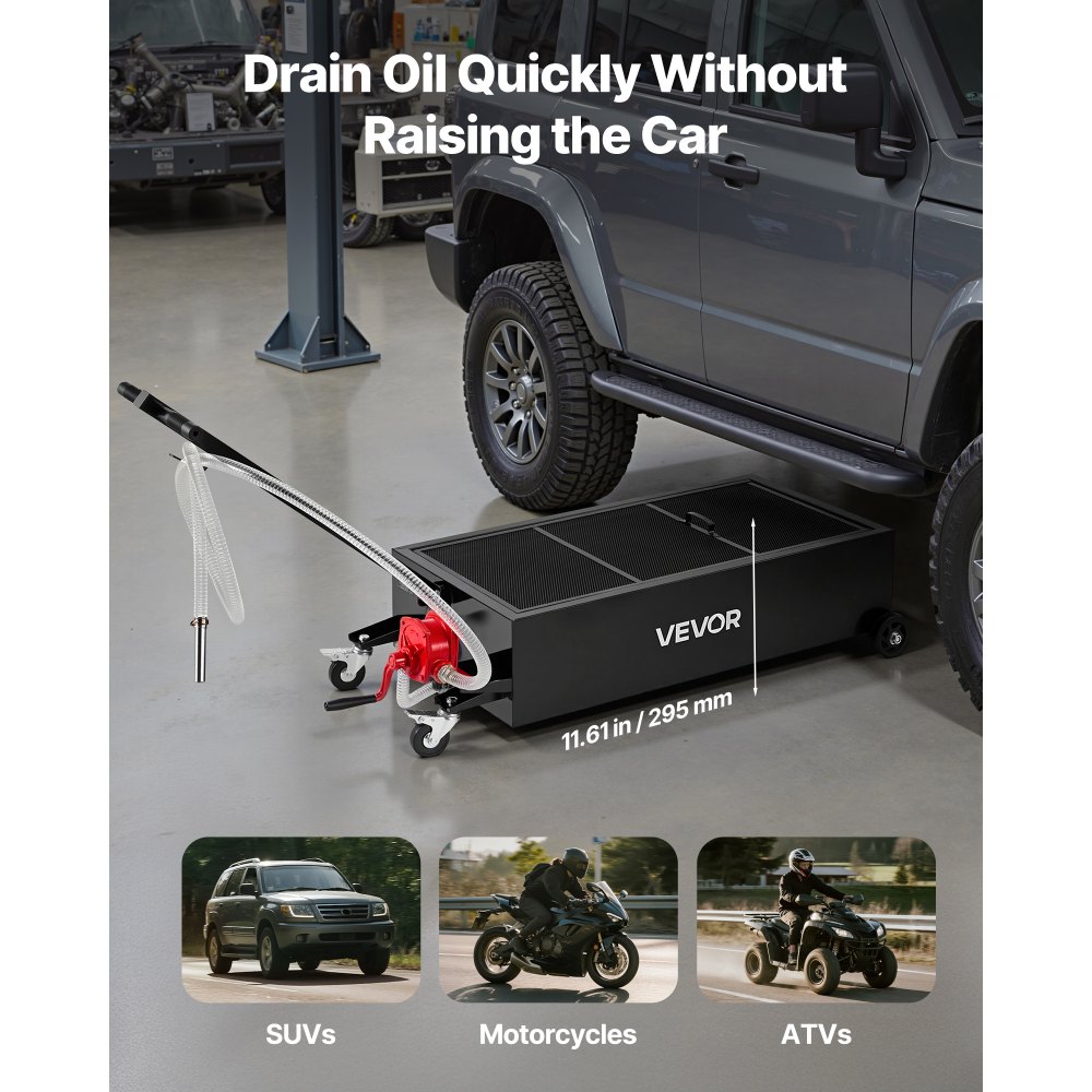 VEVOR Low Profile Oil Drain Pan, 94.6 L Capacity, Rolling Oil Drain Pan with Manual Pump, 2.2 m Hose & T Folding Handle, Leak-proof & Corrosion-resistant, Fit for Cars, SUVs, Trucks, ATVs, Black