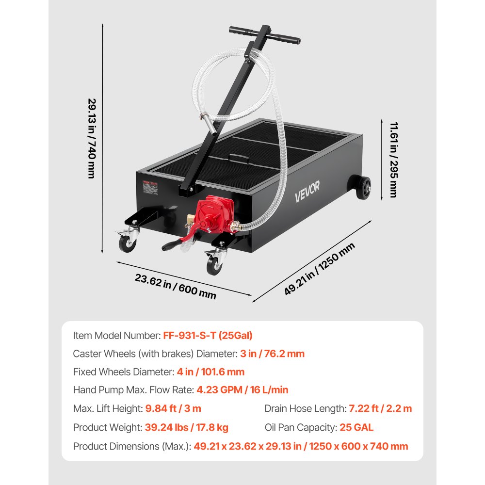 VEVOR Low Profile Oil Drain Pan, 94.6 L Capacity, Rolling Oil Drain Pan with Manual Pump, 2.2 m Hose & T Folding Handle, Leak-proof & Corrosion-resistant, Fit for Cars, SUVs, Trucks, ATVs, Black