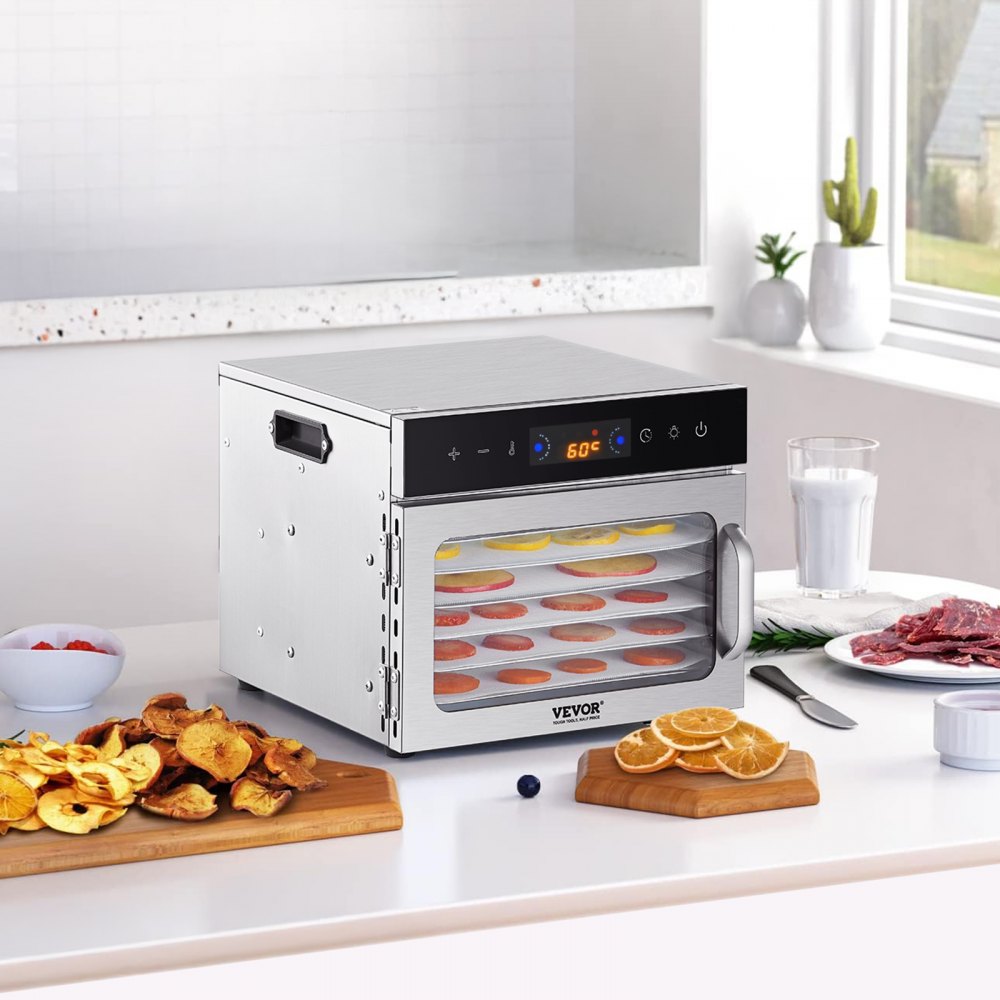 VEVOR mattørker, 6 brett i rustfritt stål, 400 W elektrisk mattørker med justerbar temperatur og 24-timers timer, frysetørker for tørrkjøtt, kjøtt, frukt, grønnsaker, urter, hundegodbiter