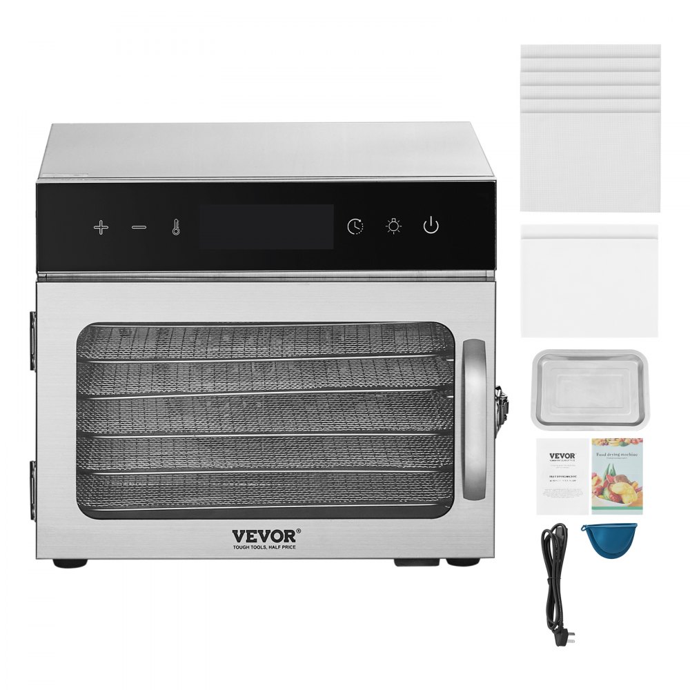 VEVOR mattørker, 6 brett i rustfritt stål, 400 W elektrisk mattørker med justerbar temperatur og 24-timers timer, frysetørker for tørrkjøtt, kjøtt, frukt, grønnsaker, urter, hundegodbiter
