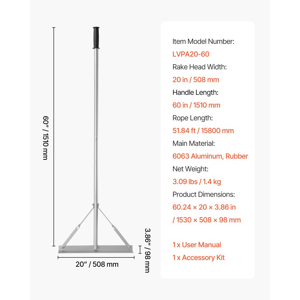 VEVOR landskapsrive, 1510 mm håndtak 508 mm bredt hode, stort kraftig aluminiumsnivå, asfaltriveverktøy for asfalt og terrengutjevning, betongbelegg, sandflating, uten tenner