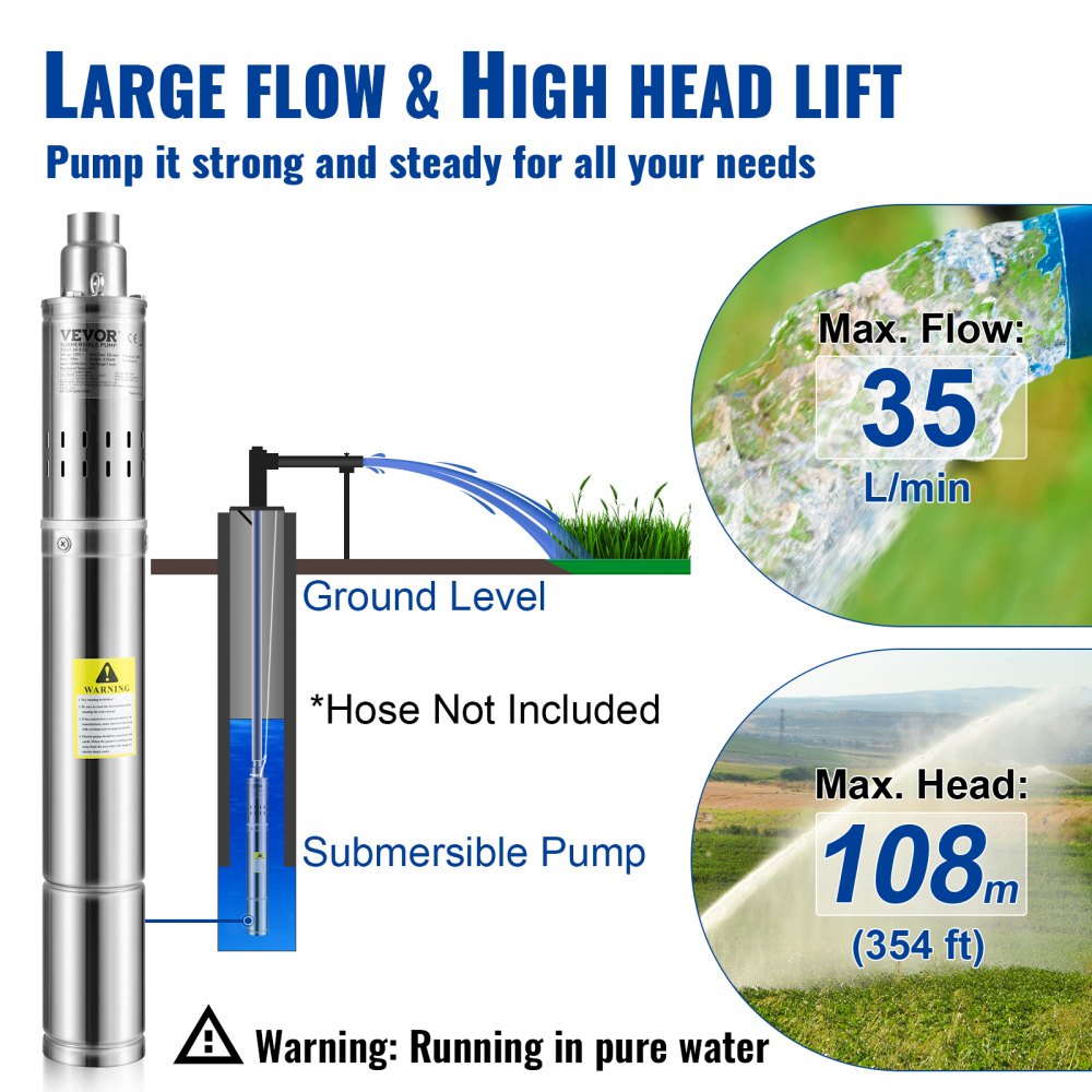 VEVOR 3-tommers dypbrønnpumpe, 550 W, nedsenkbar brønnpumpe, 108 m trykkhøyde for ferskvannsforsyning, vanning, drenering, strømningshastighet 35 L/min, sandmotstand under 5 %, 2850 o/min, IP68-beskyttelsesgrad