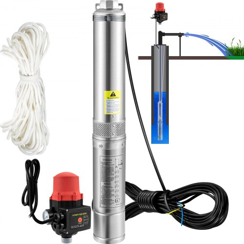 VEVOR dypbrønnspumpe, 750 W 230 V/50 Hz, 105 l/min 62 m trykkhøyde, 20 m ledning og automatisk trykkbryter, 8,9 cm vannpumper i rustfritt stål for industri, vanning og hjemmebruk, IP68 vanntett
