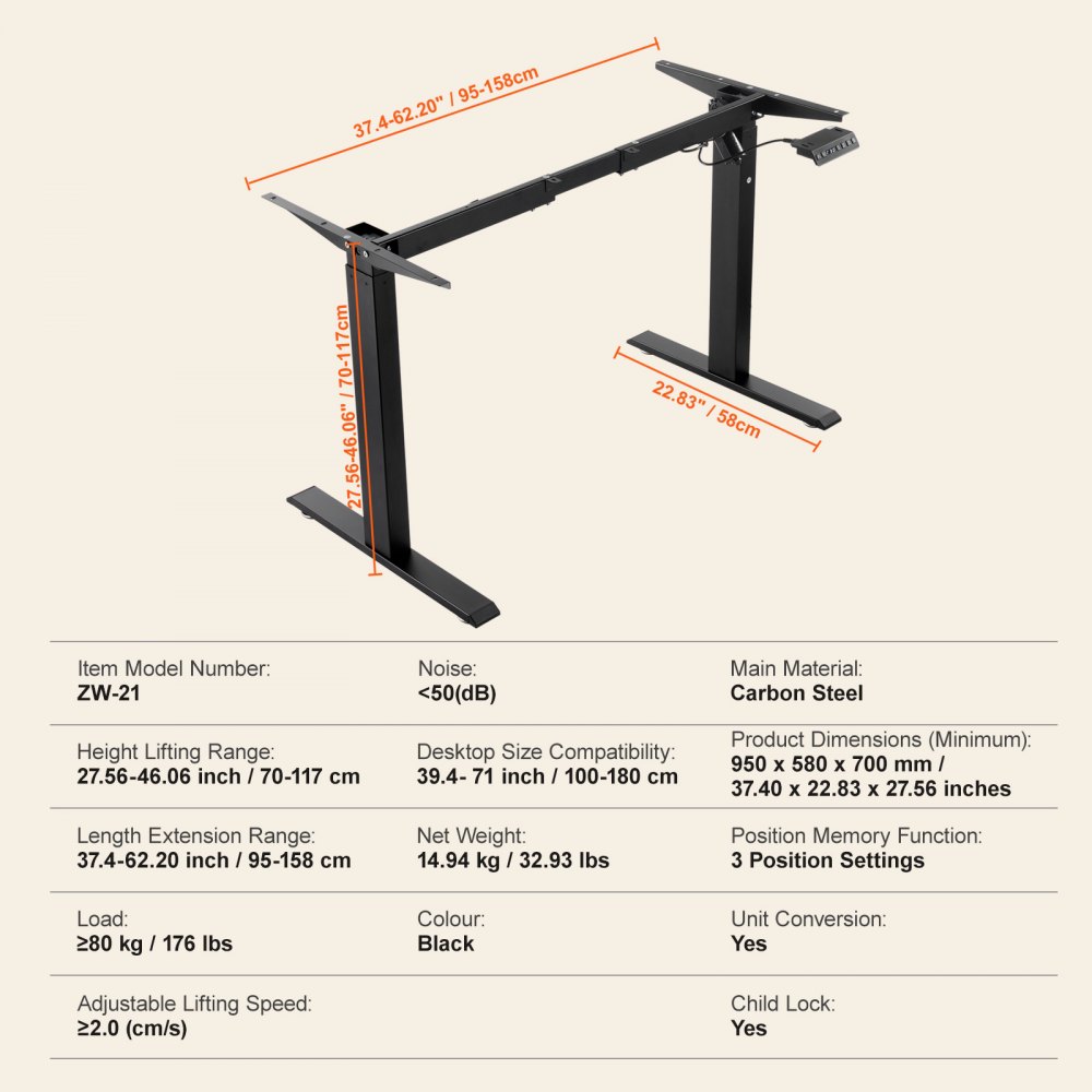 VEVOR Stående skrivebordsramme, justerbar 70-117 cm høyde og 95-158 cm lengde Elektriske ståben til datamaskinbord, ergonomisk DIY-arbeidsstasjonsbase for hjem og kontor (kun svart ramme)