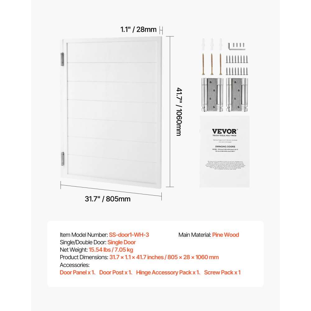 VEVOR Swinging Cafe Doors, Single Indoor Saloon Doors 81.3 x 106.7 cm, Square Design Made of Pine Wood, with Hinges & Hardware Kit, Easy to Install, for Hallway Kitchen Bar Pub Entrance, White