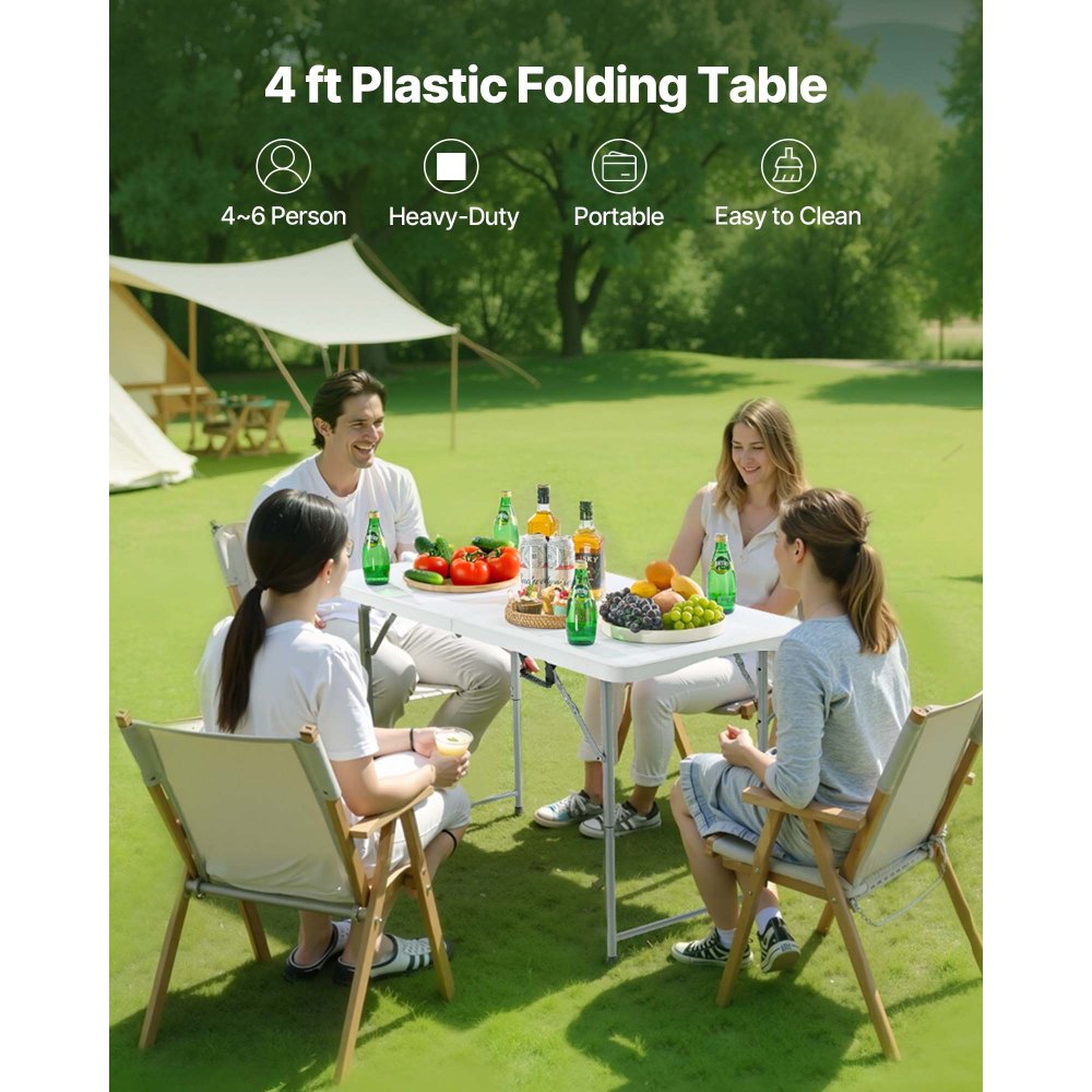 VEVOR Sammenleggbart Bord, 1,2 m kraftig, bærbart, sammenleggbart bruksbord, rektangulært plastbord for innendørs og utendørs bruk med justerbar høyde og innebygd håndtak, for fest, bespisning, piknik, camping, hvit
