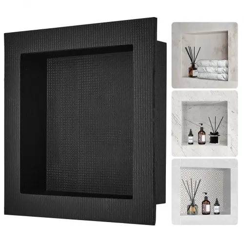 VEVOR Dusjnisje Klar for Flislegging 40,64 x 40,64 cm, Enkel Hylle Organisator, Firkantede Hjørner Vegginnsatt Nisje Innfelt, Forseglet Beskyttelse Moderne Såpeoppbevaringsnisje for Duschbad, Svart