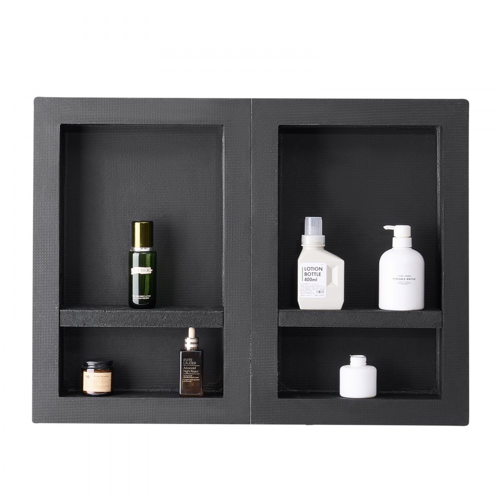 VEVOR Dusjnisje, 40,6 x 61,0 cm + 40,6 x 61,0 cm Innfelt veggnisje med flyttbar hylle, 10,2 cm tykk moderne såpe- og sjampooppbevaringsorganisator, firkantede hjørner, forseglet vanntett, svart for baderom