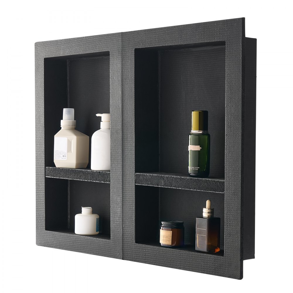 VEVOR Dusjnisje, 40,6 x 61,0 cm + 40,6 x 61,0 cm Innfelt veggnisje med flyttbar hylle, 10,2 cm tykk moderne såpe- og sjampooppbevaringsorganisator, firkantede hjørner, forseglet vanntett, svart for baderom
