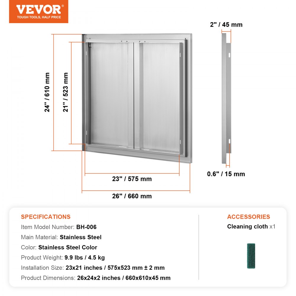 VEVOR BBQ-tilgangsdør, 660x610 mm dobbel utendørs kjøkkendør, innfelt dør i rustfritt stål, vertikal veggdør med innfelte håndtak, for grilløy, grillstasjon, utendørsskap