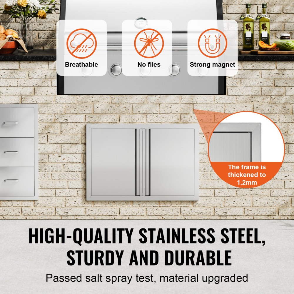 VEVOR BBQ Access Door, 710x482 mm Double Outdoor Kitchen Door, Stainless Steel Flush Mount Door, Wall Vertical Door with Recessed Handles , for BBQ Island, Grilling Station, Outside Cabinet