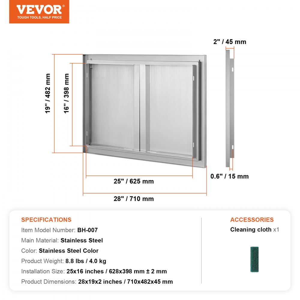 VEVOR BBQ Access Door, 710x482 mm Double Outdoor Kitchen Door, Stainless Steel Flush Mount Door, Wall Vertical Door with Recessed Handles , for BBQ Island, Grilling Station, Outside Cabinet