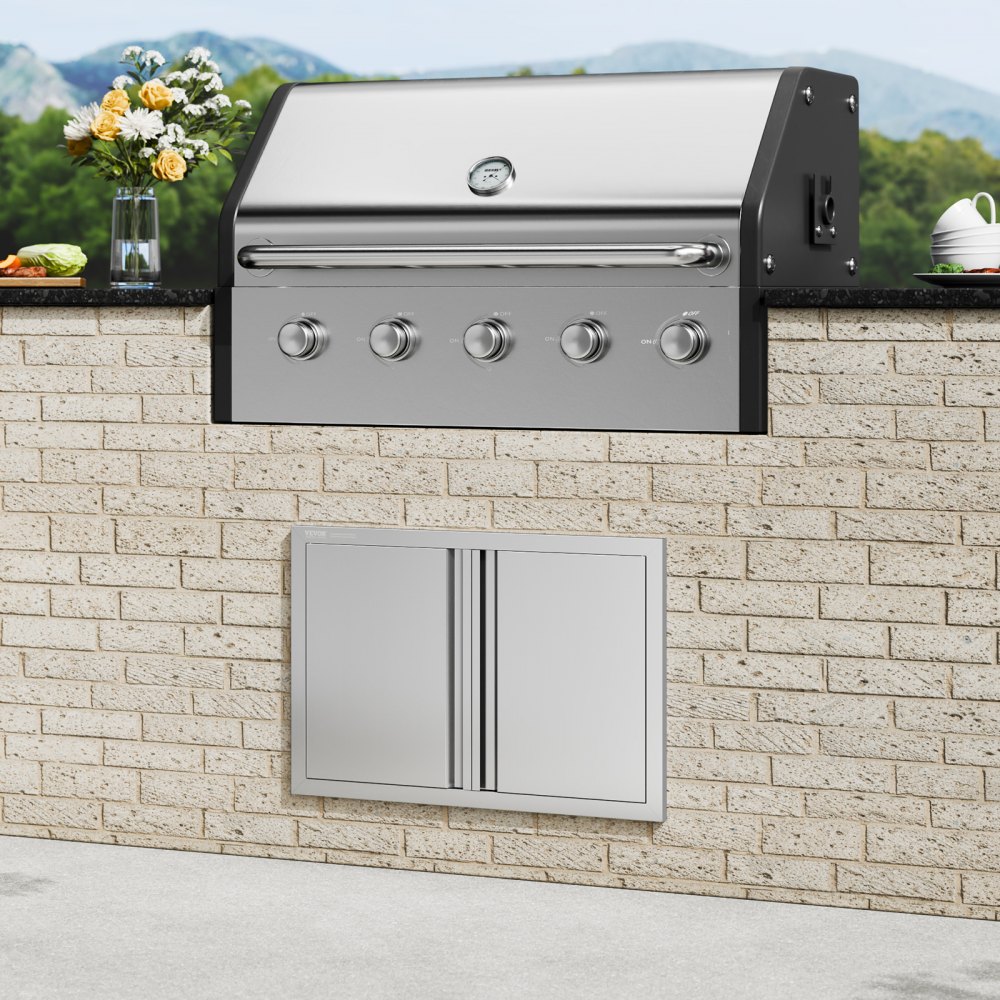 VEVOR BBQ Access Door, 710x482 mm Double Outdoor Kitchen Door, Stainless Steel Flush Mount Door, Wall Vertical Door with Recessed Handles , for BBQ Island, Grilling Station, Outside Cabinet