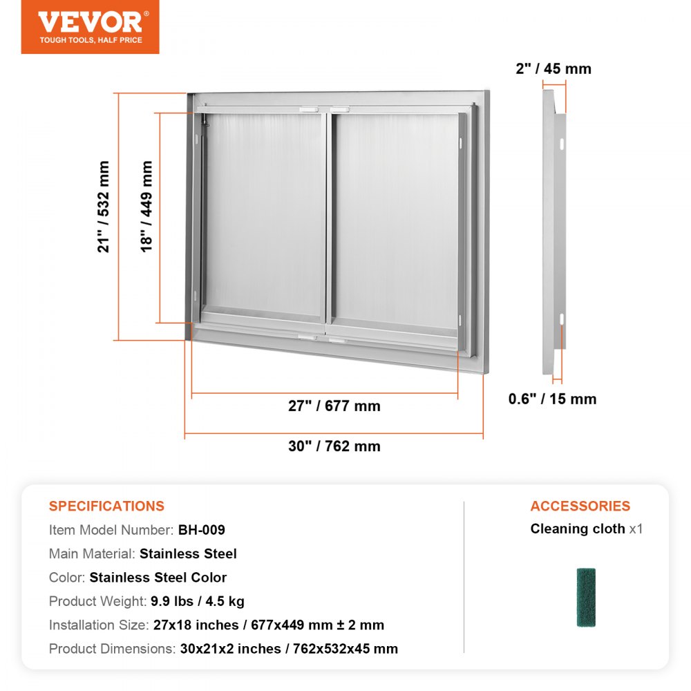 VEVOR BBQ-tilgangsdør, 762x532 mm dobbel utendørs kjøkkendør, innfelt dør i rustfritt stål, vertikal veggdør med innfelte håndtak, for grilløy, grillstasjon, utendørsskap