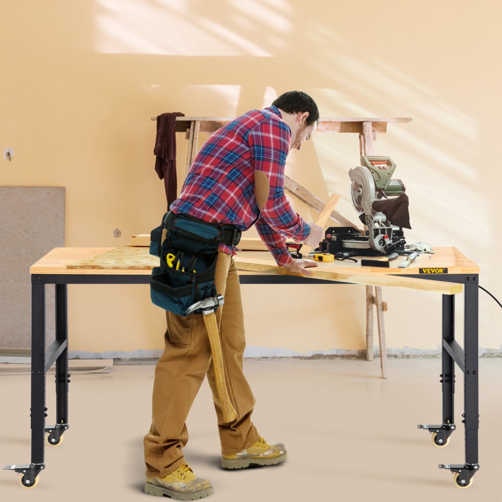 VEVOR arbeidsbenk justerbar høyde, 155 x 51 cm garasjebord med 80–105 cm høyde og 720 kg kapasitet, med strømuttak og bordplate i hardtre og metallramme og svingbare hjul, for kontor, hjemmeverksted