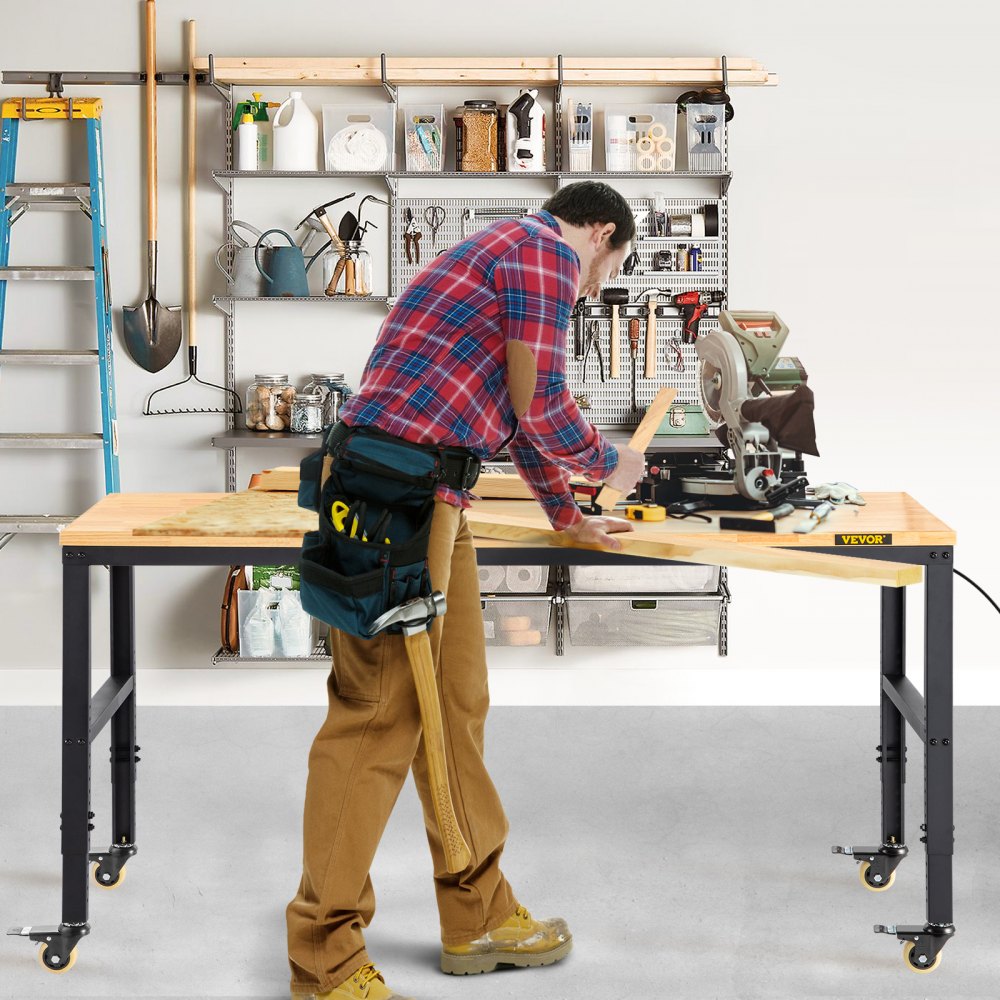VEVOR arbeidsbenk justerbar høyde, 122 cm B x 61 cm DX 104 cm H garasjebord med 79–104 cm høyde og 720 kg kapasitet, med strømuttak og bordplate i hardtre og metallramme og svingbare hjul, for kontor/hjem