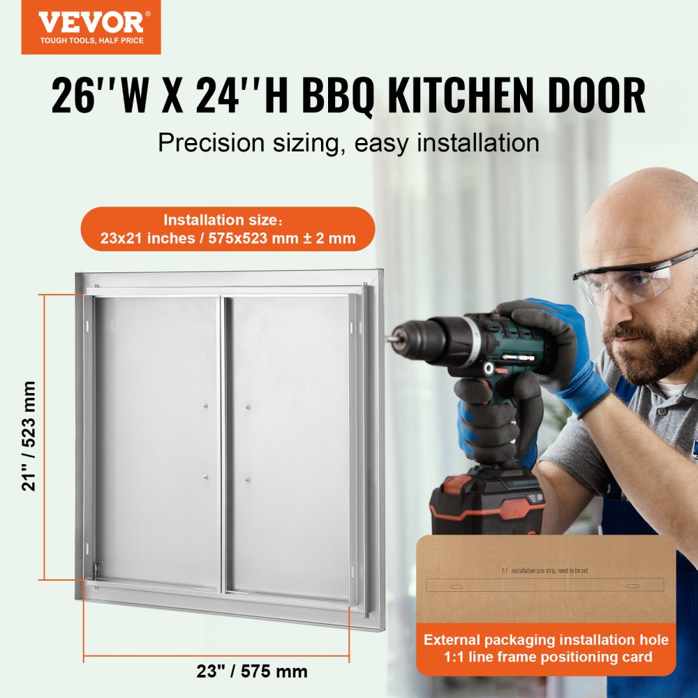 VEVOR BBQ Access Door, 660x609 mm Double Outdoor Kitchen Door, Stainless Steel Flush Mount Door, Wall Vertical Door with Handles, for BBQ Island, Grilling Station, Outside Cabinet