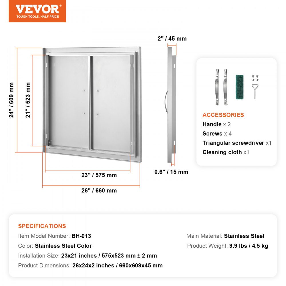 VEVOR BBQ Access Door, 660x609 mm Double Outdoor Kitchen Door, Stainless Steel Flush Mount Door, Wall Vertical Door with Handles, for BBQ Island, Grilling Station, Outside Cabinet