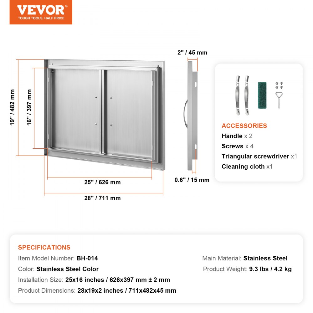 VEVOR BBQ-tilgangsdør, 711x482 mm dobbel utendørs kjøkkendør, innfelt dør i rustfritt stål, vertikal veggdør med håndtak, for grilløy, grillstasjon, utendørsskap