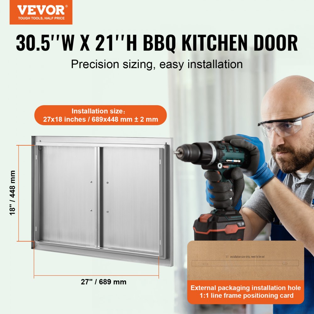 VEVOR BBQ Access Door, 774x533 mm Double Outdoor Kitchen Door, Stainless Steel Flush Mount Door, Wall Vertical Door with Handles, for BBQ Island, Grilling Station, Outside Cabinet