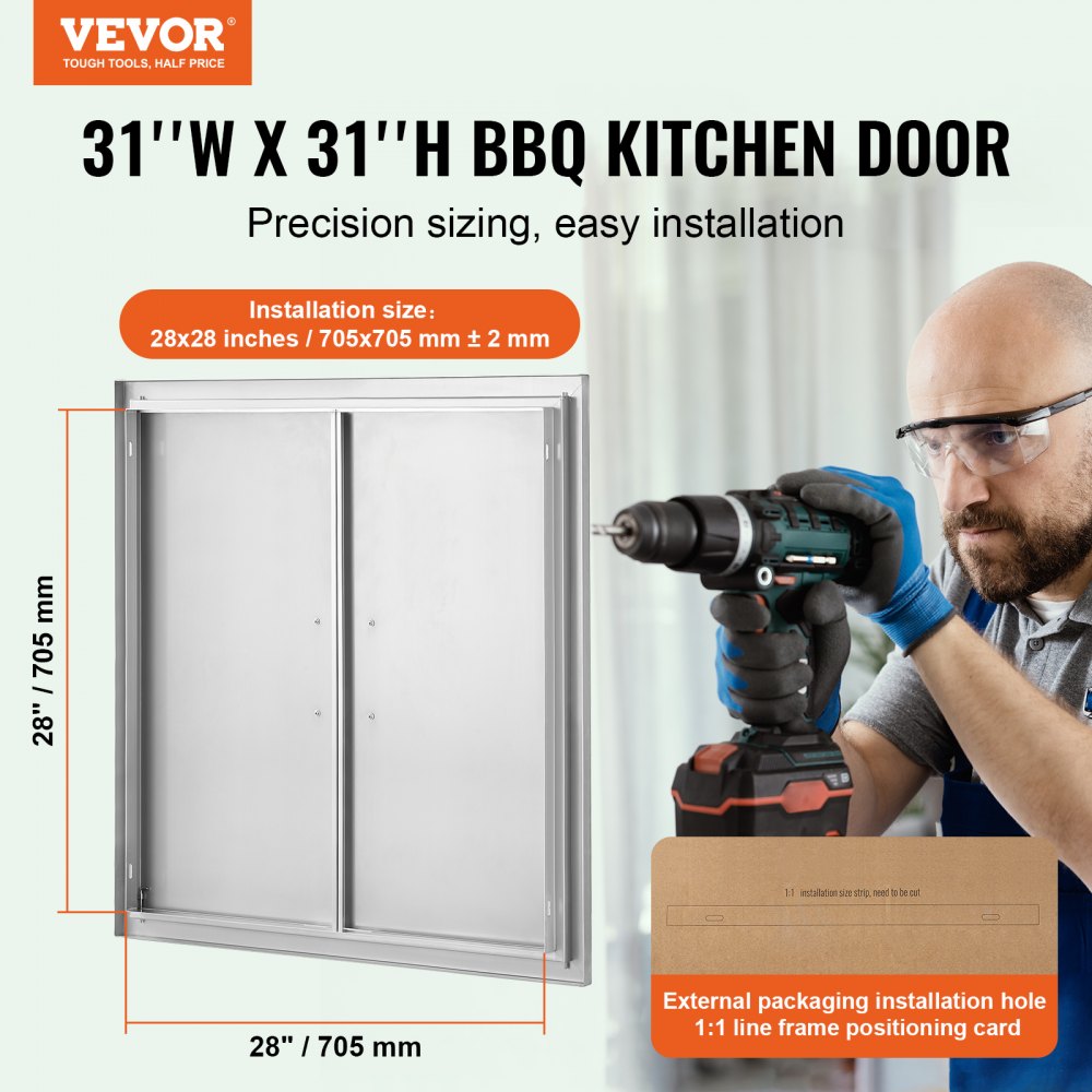 VEVOR BBQ-tilgangsdør, 790x790 mm dobbel utendørs kjøkkendør, innfelt dør i rustfritt stål, vertikal veggdør med håndtak, for grilløy, grillstasjon, utendørsskap