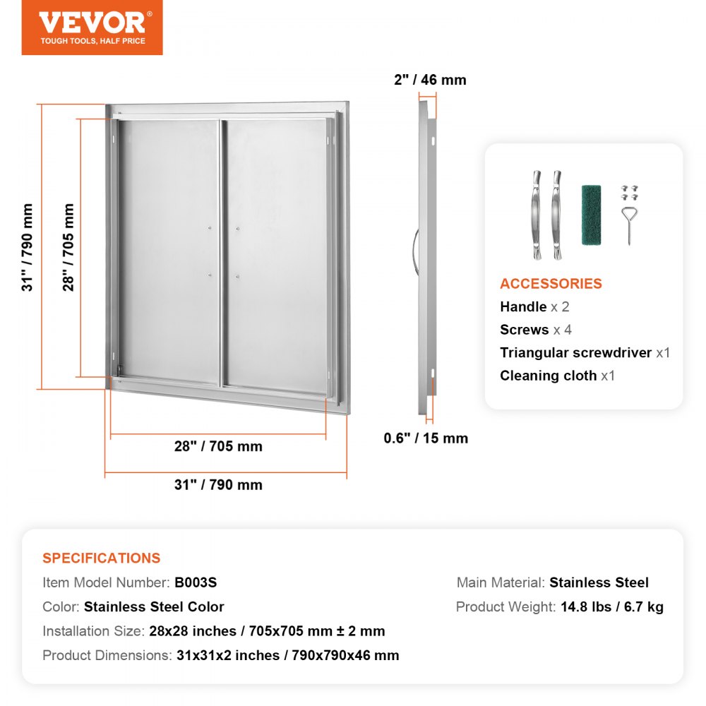 VEVOR BBQ-tilgangsdør, 790x790 mm dobbel utendørs kjøkkendør, innfelt dør i rustfritt stål, vertikal veggdør med håndtak, for grilløy, grillstasjon, utendørsskap