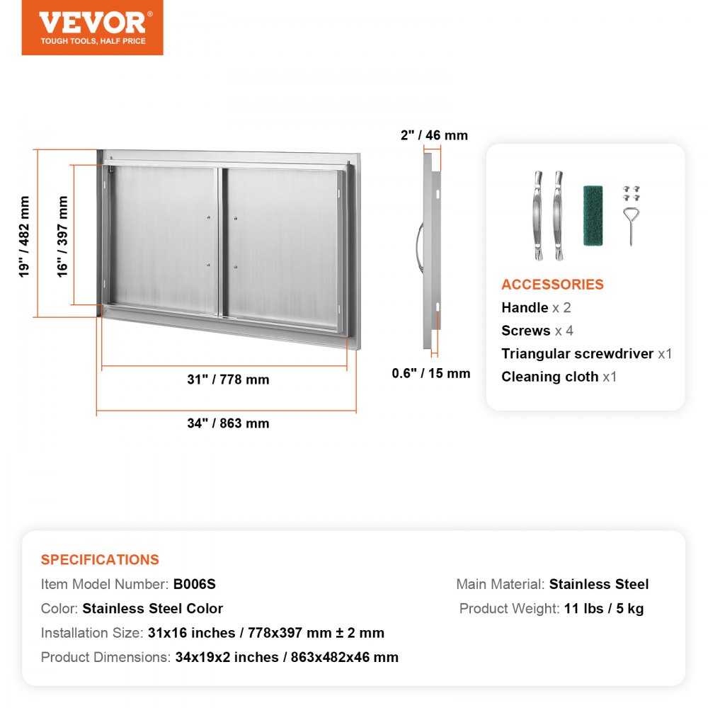 VEVOR BBQ-tilgangsdør, 863x482 mm dobbel utendørs kjøkkendør, innfelt dør i rustfritt stål, vertikal veggdør med håndtak, for grilløy, grillstasjon, utendørsskap