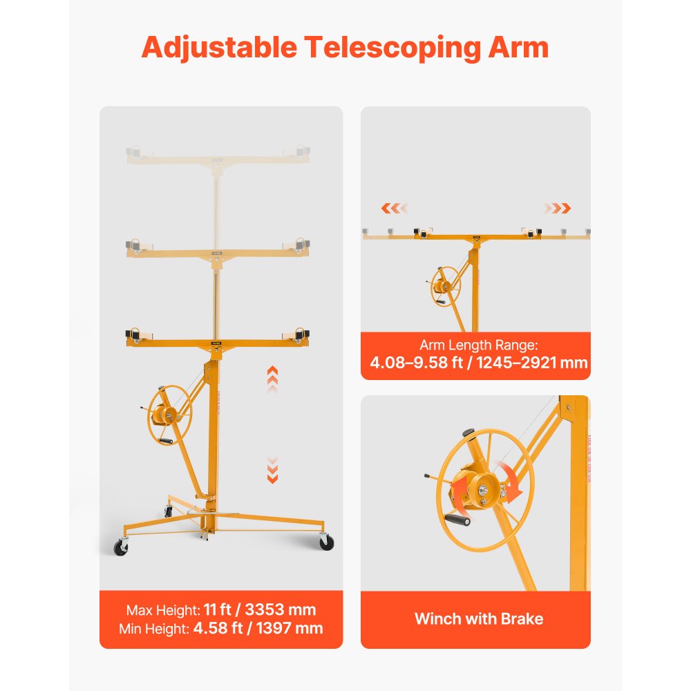 VEVOR 3353 mm gipsløfter, kraftig 68 kg gipsplatetalje med justerbar teleskoparm, låsbare hjul, gipsløfter, paneljekk, taljeverktøy ideelt for tak- og veggmontering (gul)