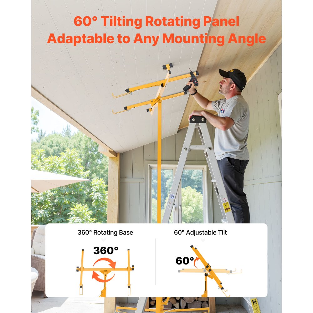 VEVOR 3353 mm gipsløfter, kraftig 68 kg gipsplatetalje med justerbar teleskoparm, låsbare hjul, gipsløfter, paneljekk, taljeverktøy ideelt for tak- og veggmontering (gul)