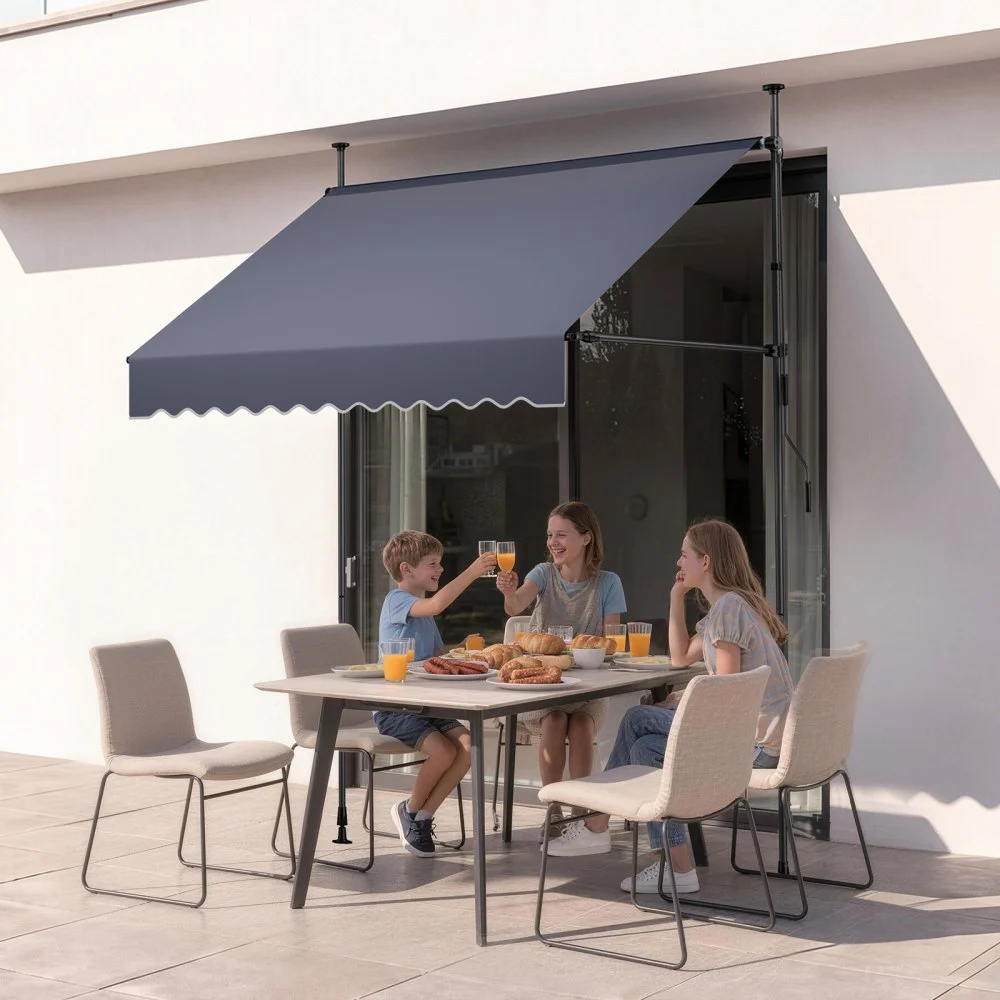 VEVOR Manuell uttrekkbar markise, 200 cm utendørs uttrekkbar terrassemarkise solskjerm, høydejusterbar terrassedørvindutak med manuell sveiv for bakgård, hage, balkong, mørkegrå