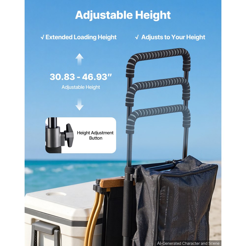 VEVOR strandtralle med store hjul for sand, 20,1" x 14,6" lasteplan, med 9" ballonghjul, 165lbs lastekapasitet sammenleggbar sandtralle og 27,2" til 44,9" justerbar høyde, kraftig tralle for strand