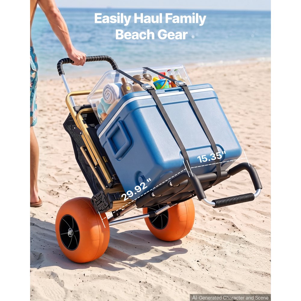 VEVOR strandtralle med store hjul for sand, 74 x 38 cm lasteplan, med 30 cm solide hjul, 74 kg lastekapasitet, sammenleggbar sandtralle og 64 til 112 cm justerbar høyde, kraftig tralle for stranden
