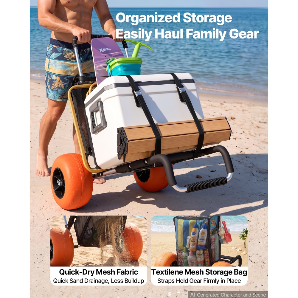 VEVOR strandtralle med store hjul for sand, 74 x 38 cm lasteplan, med 30 cm solide hjul, 74 kg lastekapasitet, sammenleggbar sandtralle og 64 til 112 cm justerbar høyde, kraftig tralle for stranden