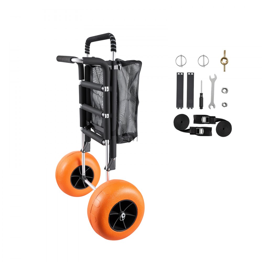 VEVOR strandtralle med store hjul for sand, 74 x 38 cm lasteplan, med 30 cm solide hjul, 74 kg lastekapasitet, sammenleggbar sandtralle og 64 til 112 cm justerbar høyde, kraftig tralle for stranden
