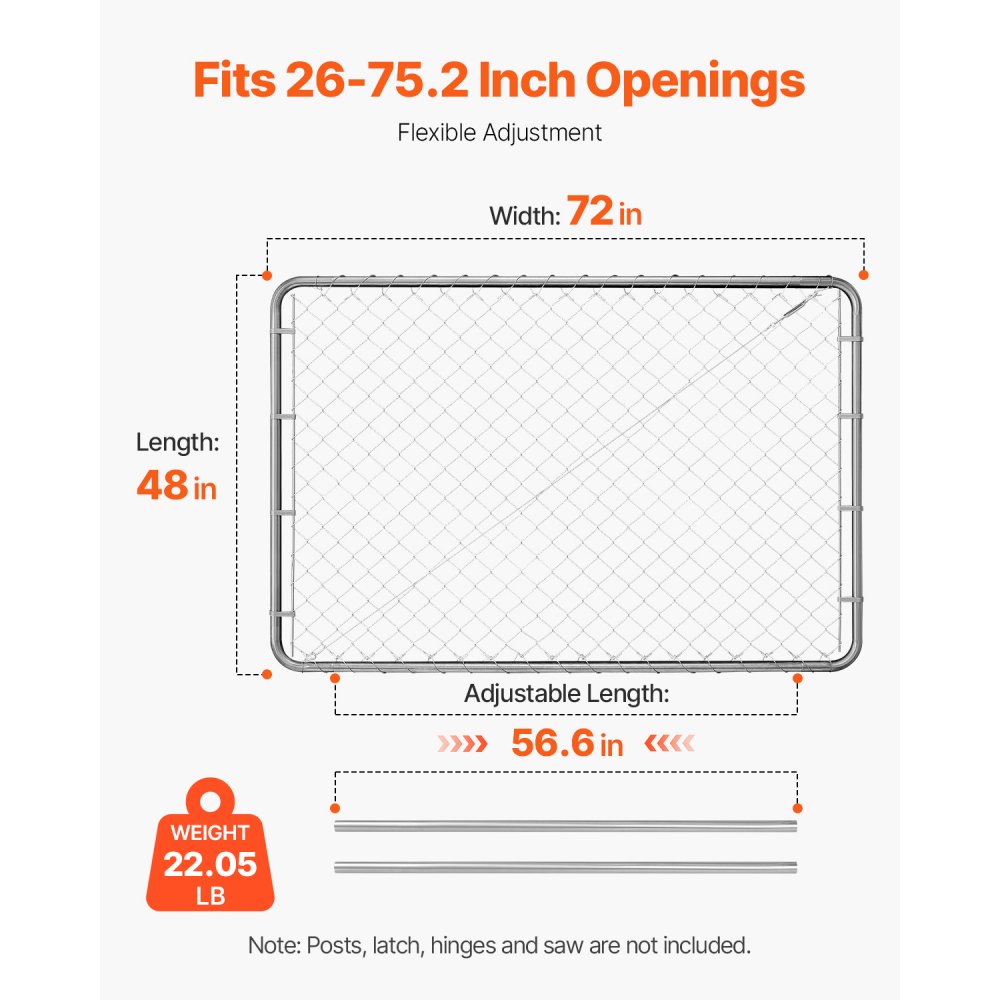 VEVOR kjettinggjerdeport, 72 x 48 tommer, justerbart kjettinggjerdepanel, passer til 6–1,8 m (B) x 1,8 m (H) hageportåpning, rustbestandig galvanisert gjerdeport for gårdsbruk, stolper ikke inkludert