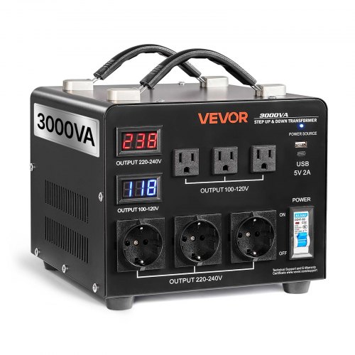 VEVOR spenningstransformator, 3000VA, kraftig opp-/nedtransformator, 110V til 220V og 220V til 110V, med 3 amerikanske stikkontakter, 3 EU-stikkontakter, LCD-skjerm, sikringsbryterbeskyttelse