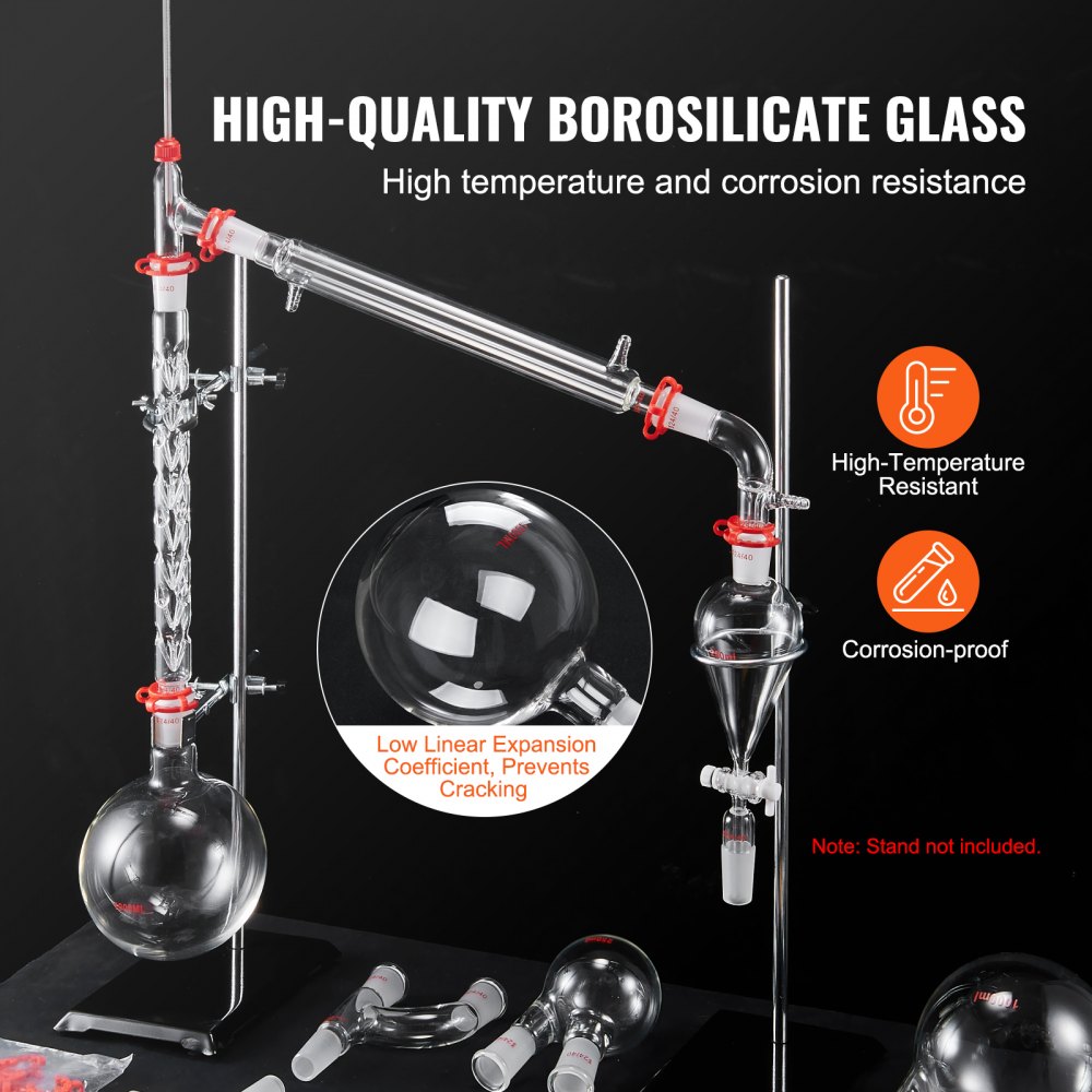 VEVOR laboratoriedestillasjonssett, 3,3 Boro laboratorieglassdestillasjonssett med 24, 40 ledd, 1000 ml eterisk oljedestillasjonsapparatsett, 29 deler sett med glassutstyr