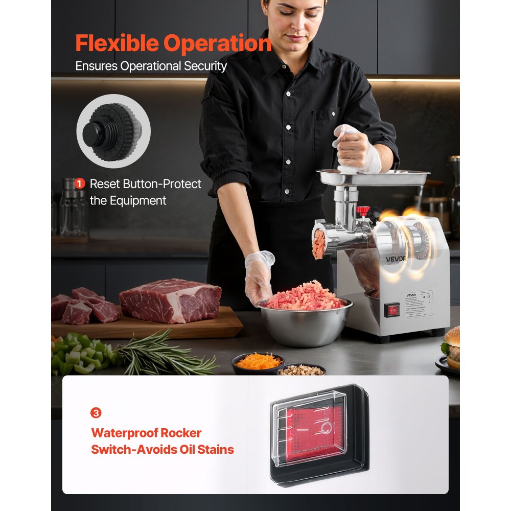 VEVOR Kommersiell elektrisk kjøttkvern, 2,3 kg/min kapasitet, #8 industriell kjøttkvern med 2 kniver i rustfritt stål, 2 kverneplater, 600 W kraftig pølsemaskin, for kjøkken, restaurant