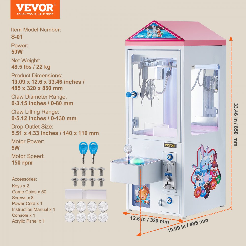 VEVOR Claw Machine, 0-80mm Jaw Diameter 0-130mm Jaw lifting, Crane Prize Grabber Commercial Arcade Game Toys, Cool Fun Grab-And-Win Machine w/ Light and Sound, Kids Dispenser Vending Toy,Boys &Girls