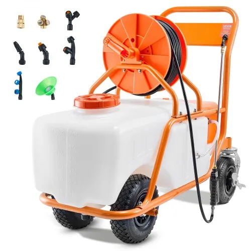VEVOR Plensprøyte med hjul, justerbart trykk 0-90 PSI, sprøyte med 60L tank, med 8 dyser, 2 staver, vidåpnet lokk for hage, luking, sprøyting