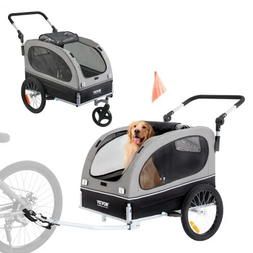 VEVOR Sykkelvogn til hund, støtter opptil 36 kg, 2-i-1 sykkelstativ for kjæledyrvogn, sammenleggbar vognramme med hurtigkoblingshjul, universal sykkelkobling, reflekser, flagg, svart/grå