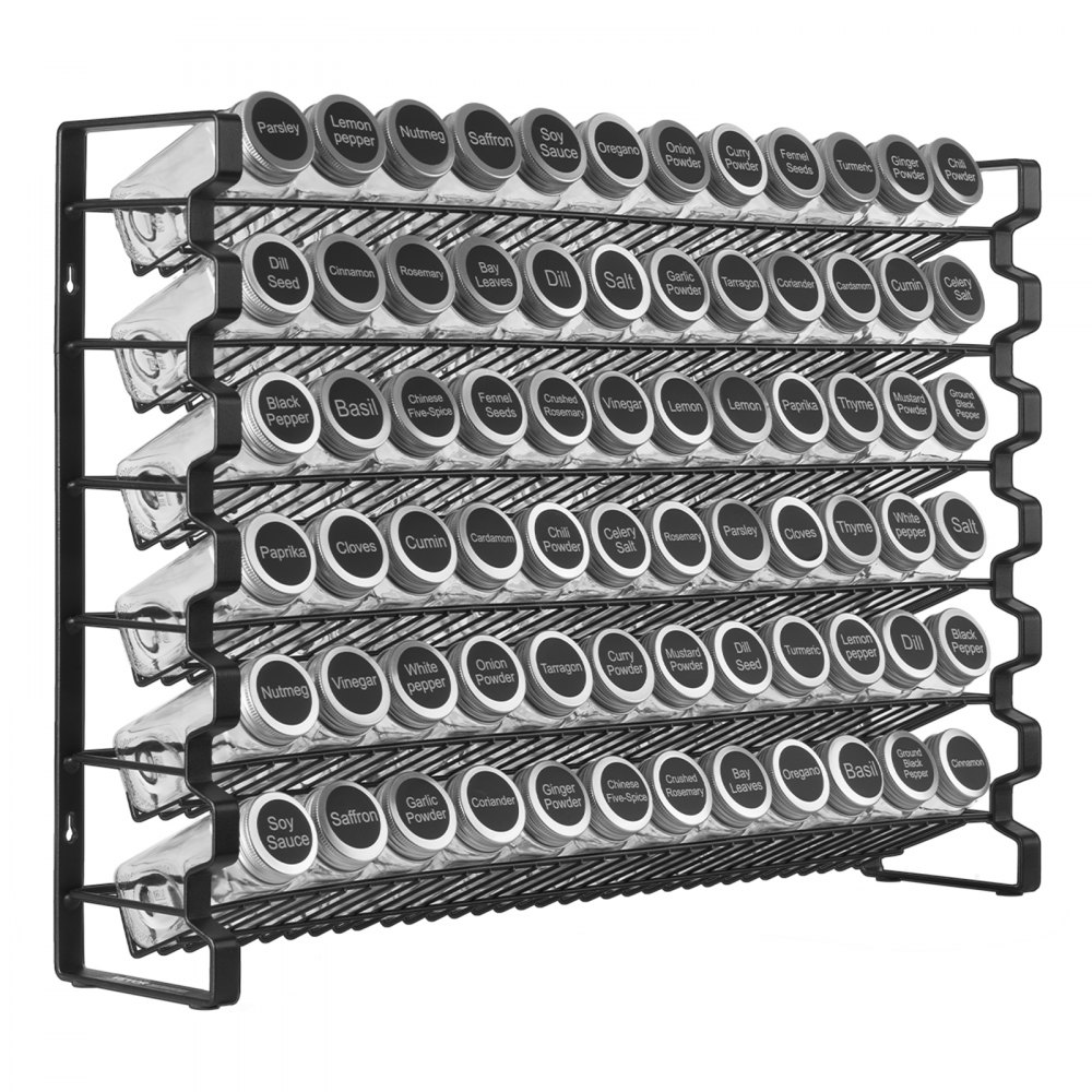 VEVOR krydderhylleorganisator for skap, krydderorganisator med 72 tomme krydderkrukker, lokk, krydderetiketter og trakt komplett sett, krydderorganisator for benkeplate, kjøkken, spiskammer, skap, 23x16 tommer