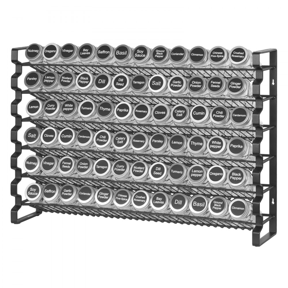 VEVOR krydderhylleorganisator for skap, krydderorganisator med 72 tomme krydderkrukker, lokk, krydderetiketter og trakt komplett sett, krydderorganisator for benkeplate, kjøkken, spiskammer, skap, 23x16 tommer