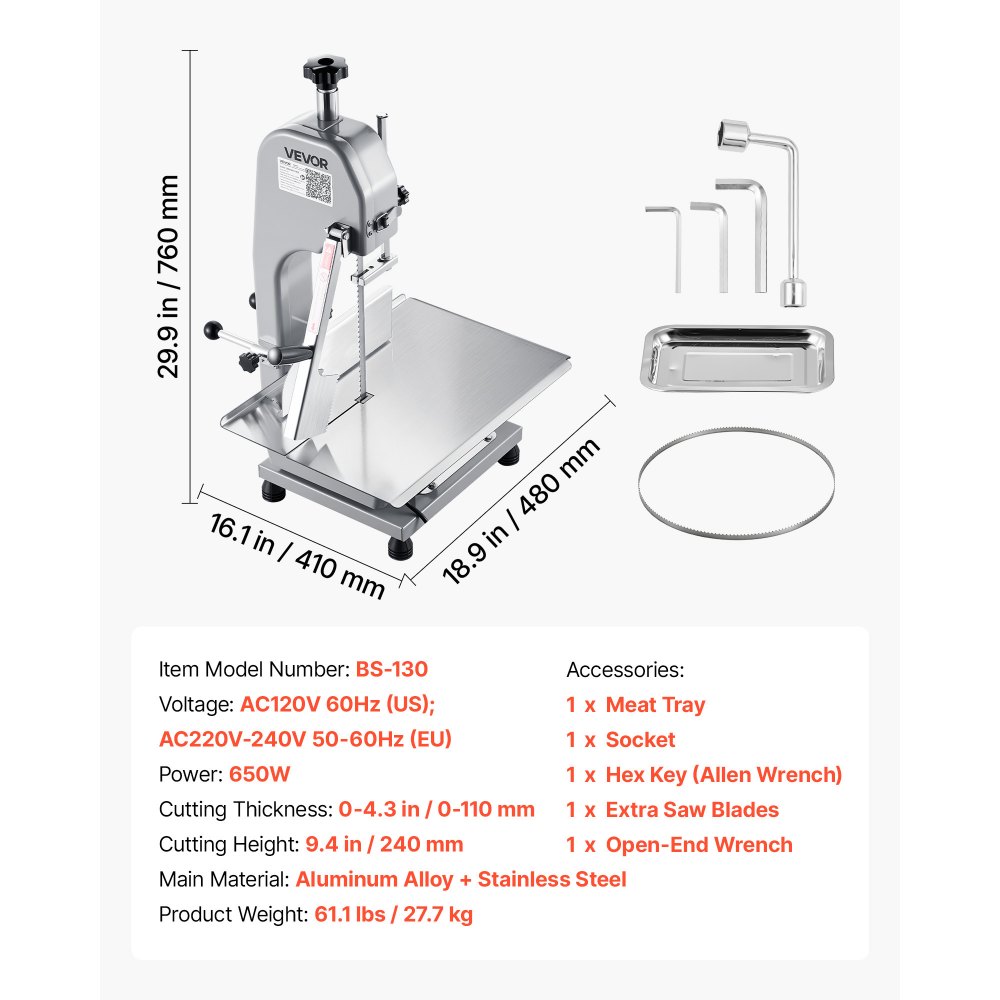 VEVOR Commercial Electric Meat Bandsaw, 650W Bone Sawing Machine with 315 x 460 mm Workbench, 0-110 mm Cutting Thickness, 5 Extra Replacement Blades, for Cutting Bone, Frozen Meat, Pork, Beef & Ribs